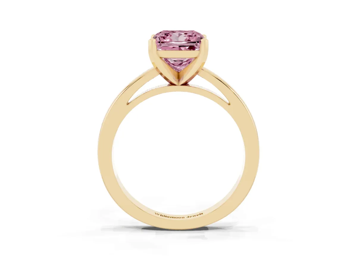Fancy Pink Princess Cut Solitaire Diamond Engagement Ring with Four-Prong Setting on a Classic Band Yellow gold