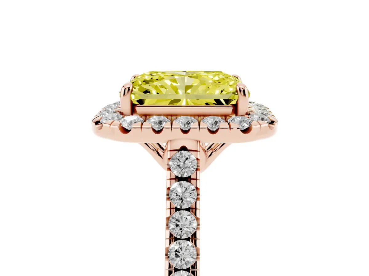 Fancy Yellow Radiant Cut Halo Pavé Diamond Engagement Ring with Four-Prong Setting Rose gold