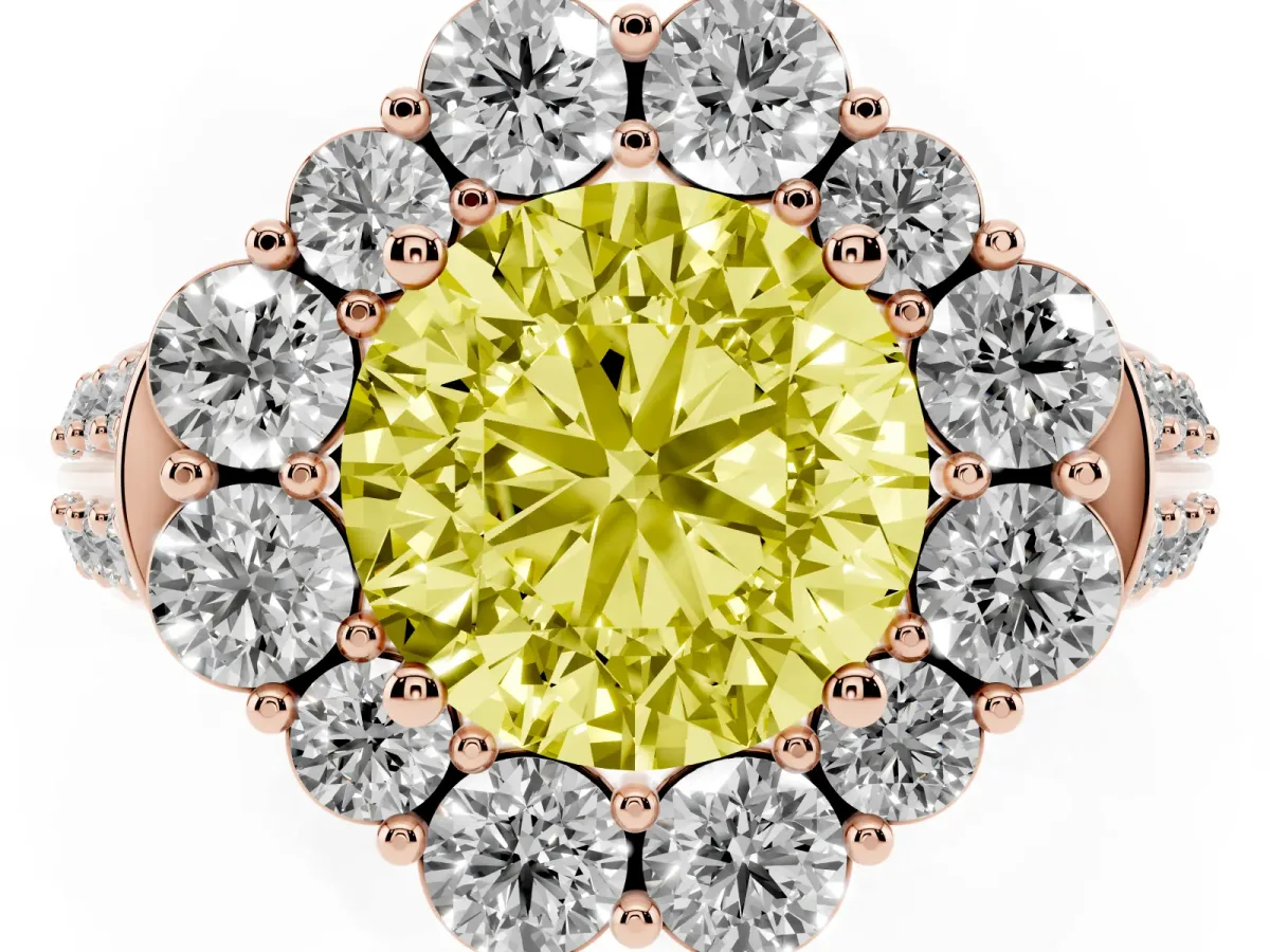 Fancy Yellow Round Cut Halo Diamond Engagement Ring with Split Shank and Prong Setting Rose gold