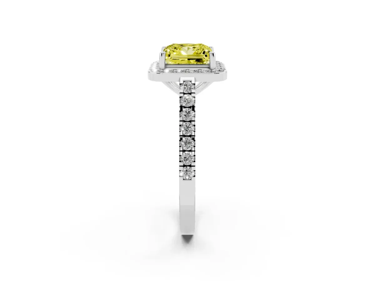 Fancy Yellow Princess Cut Diamond Halo Ring with Round Pavé Split Shank and Prong Setting Silver