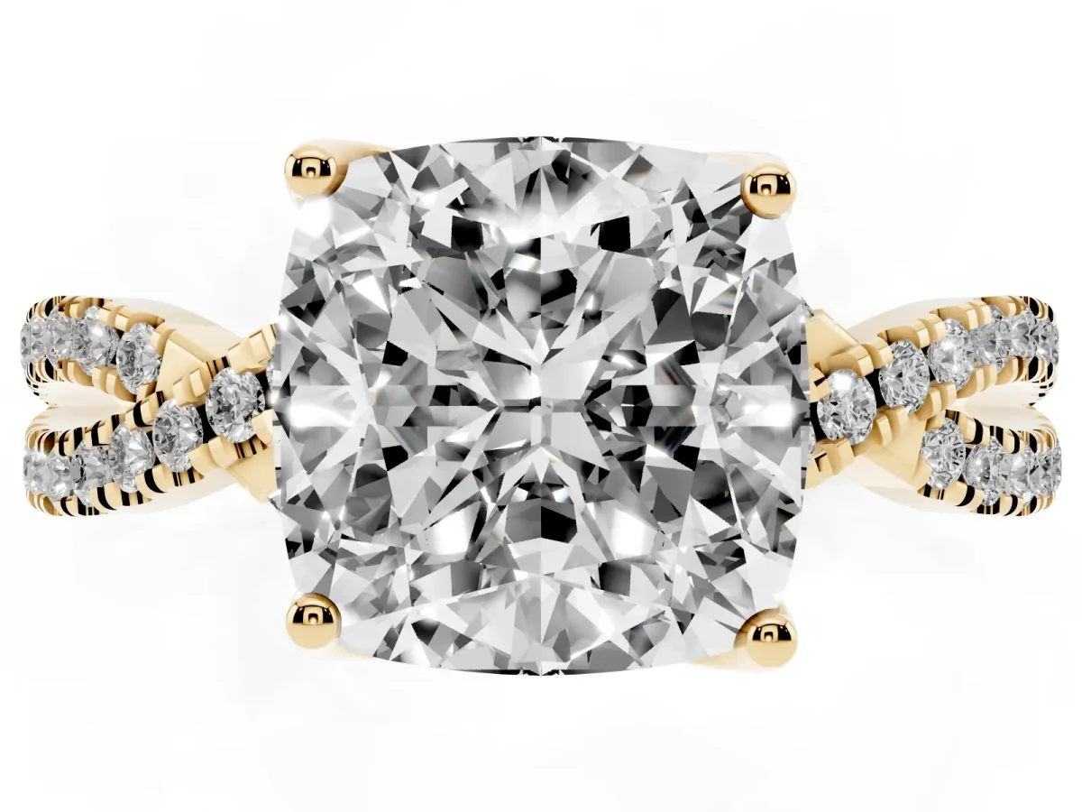 Cushion Cut Solitaire Twist Pave Diamond Engagement Ring with Prong Setting Yellow gold