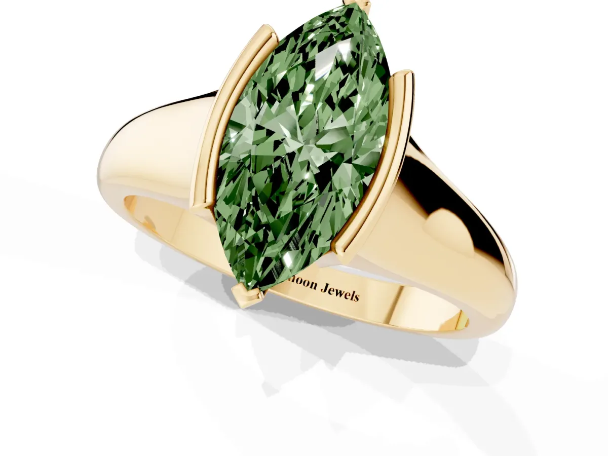 Fancy Green Marquise Cut Solitaire Tension Set Diamond Ring with Split Shank Band Yellow gold