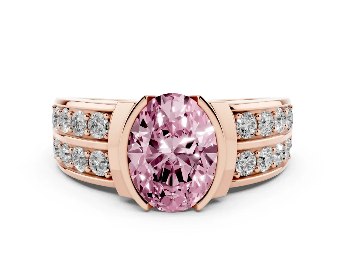 Fancy Pink Oval Cut Brilliant Diamond Channel Set Wide Band Ring with Bezel Setting Rose gold