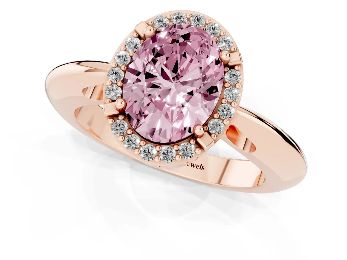 Fancy Pink Oval Cut Cut Diamond Halo Engagement Ring with Split Shank and Four-Prong Setting Rose gold