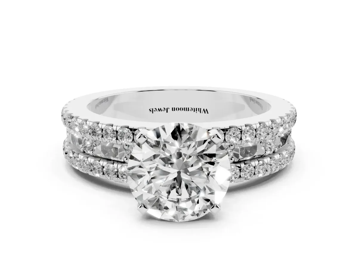 Round Cut Diamond Solitaire Ring with Pavé and Channel Set Band Silver