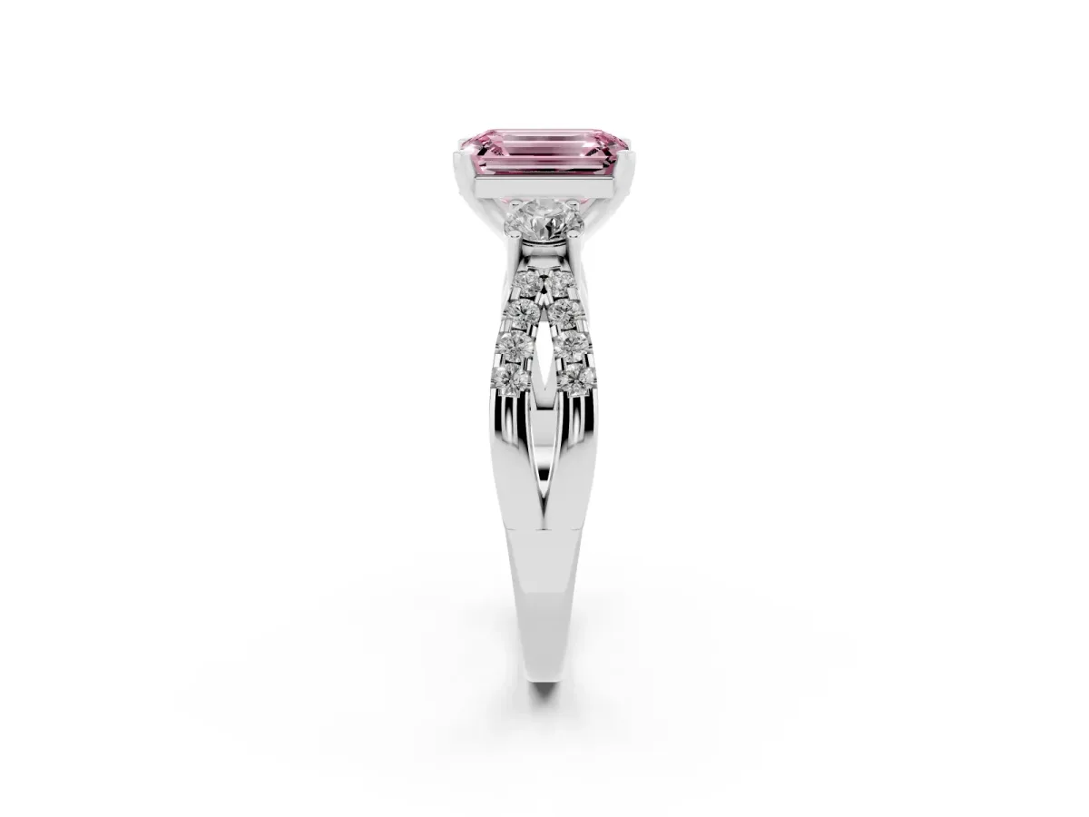 Fancy Pink Emerald Cut Diamond Three-Stone Ring with Pavé Split Shank and Four-Prong Setting Silver