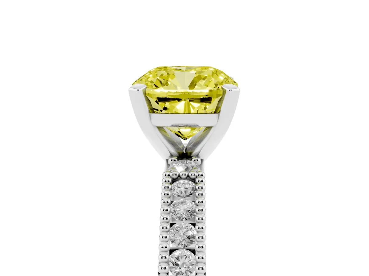 Fancy Yellow Cushion Cut Solitaire with Pavé Band and Four-Prong Setting Silver