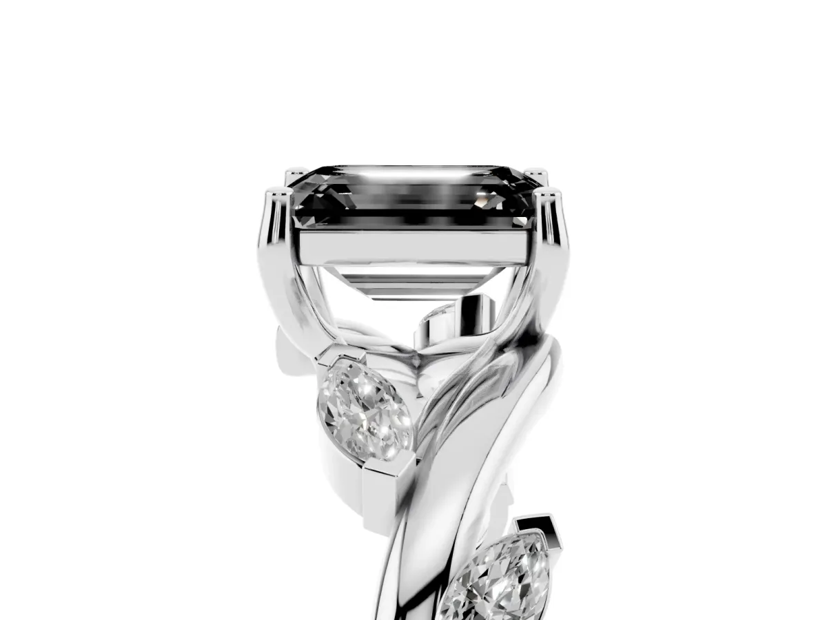 Fancy Black Emerald Cut Solitaire Twisted Band Marquise Accent Prong Setting Ring Platinum