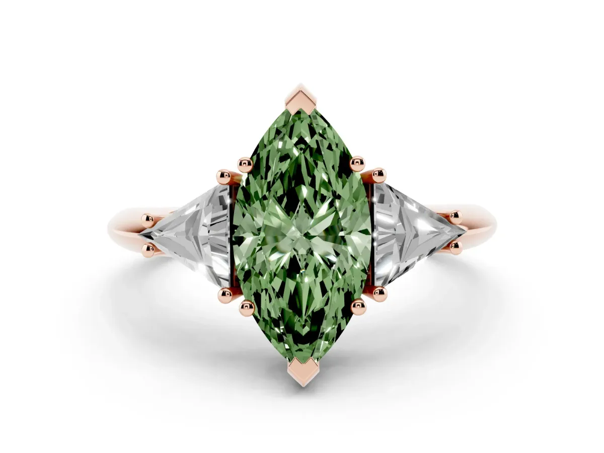 Fancy Green Three-Stone Marquise Cut Diamond Engagement Ring with Trillion Side Stones and Prong Setting Rose gold