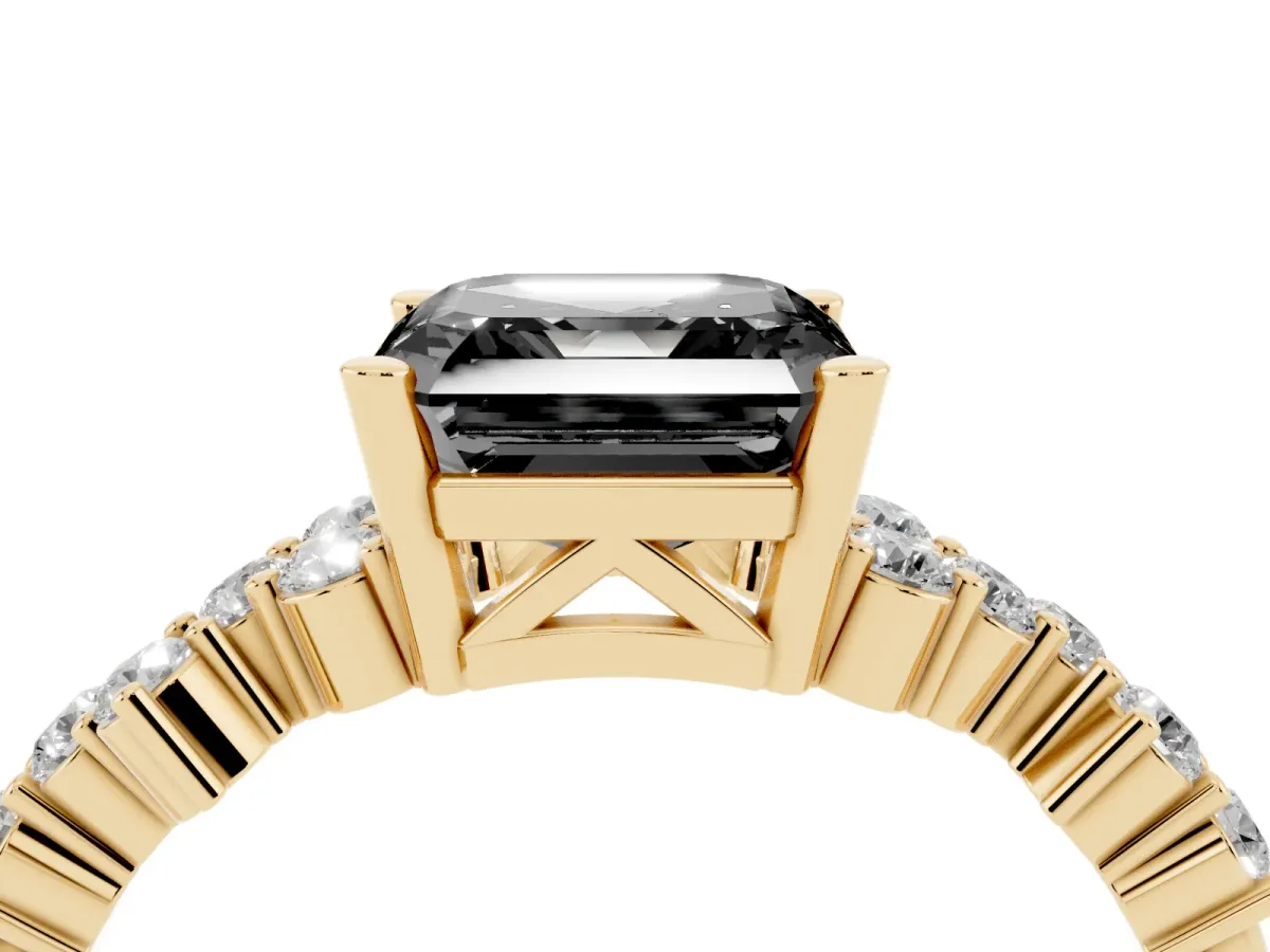 Fancy Black Asscher Cut Diamond Scattered Round Accent Ring with Prong Setting Yellow gold