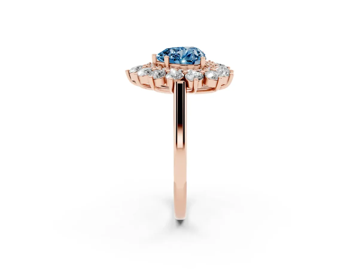 Fancy Blue Heart Cut Diamond Floral Double Halo Engagement Ring with Prong Setting Rose gold