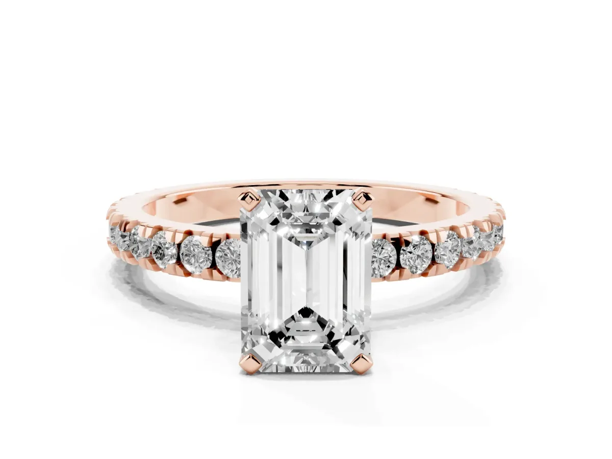 Emerald Cut Diamond Pavé Band Solitaire with Four-Prong Setting Rose gold