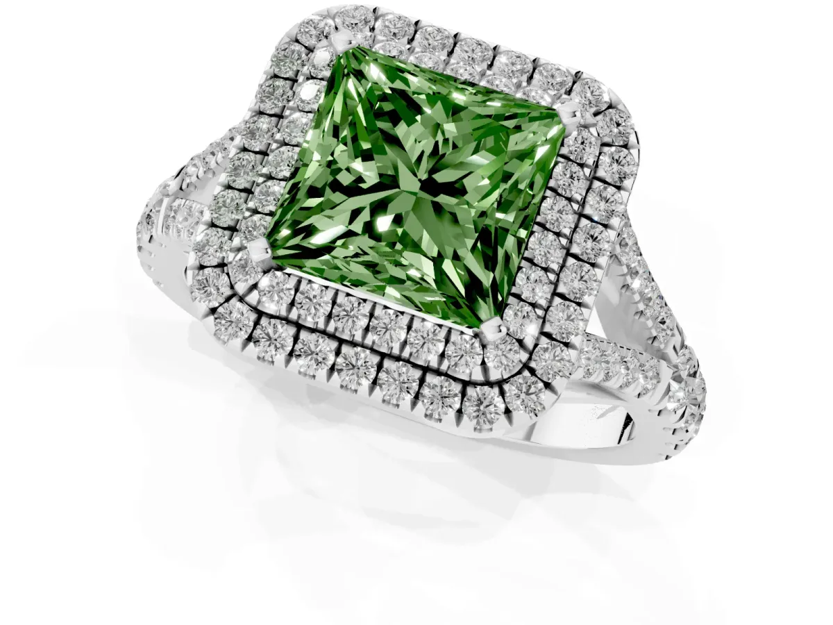 Fancy Green Double Halo Princess Cut Diamond Split Shank Engagement Ring with Four-Prong Setting Silver