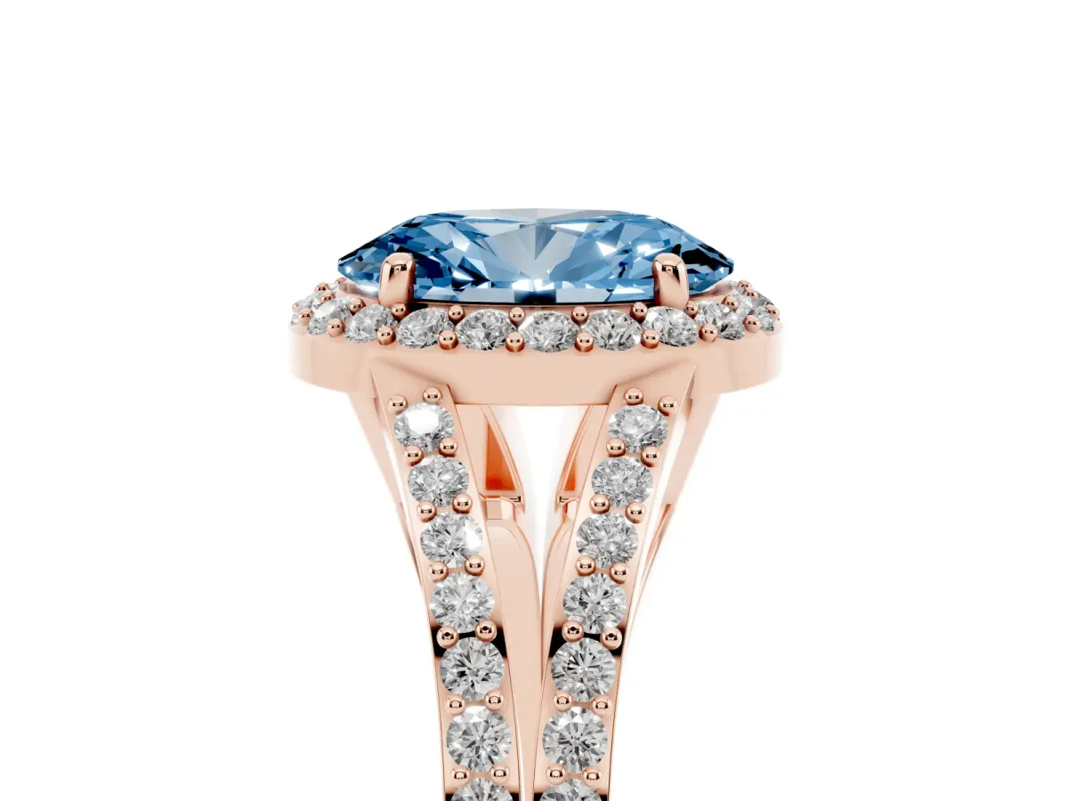 Fancy Blue Oval Cut Halo Split Shank Pave Diamond Ring with Four-Prong Setting Rose gold