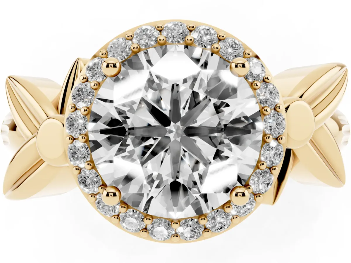Round Cut Halo Diamond Floral Band with Four-Prong Setting Yellow gold