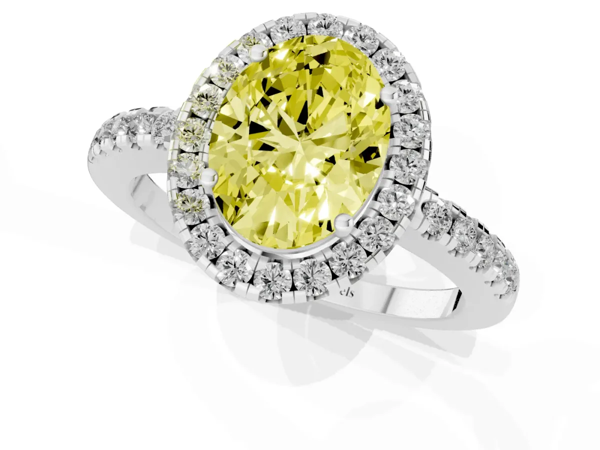 Fancy Yellow Oval Cut Halo Diamond Engagement Ring with Pavé Band and Four-Prong Setting Silver