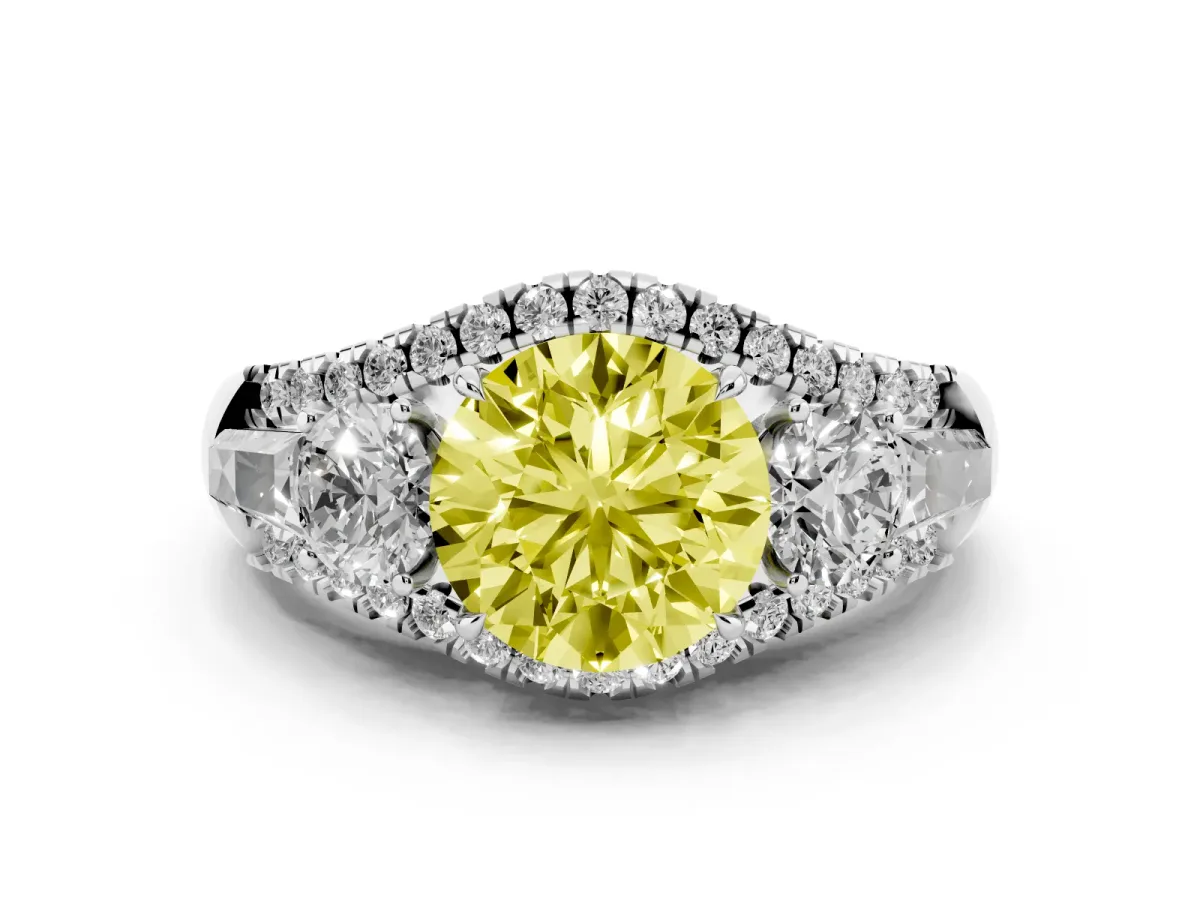 Fancy Yellow Three-Stone Round Cut Diamond Engagement Ring with Pave Band and Prong Setting Silver