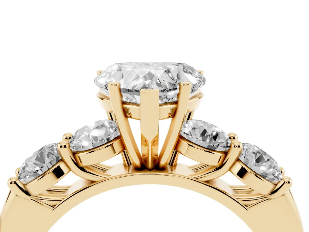 Heart Cut Cut Five-Stone Prong Set Diamond Ring with Classic Band Yellow gold