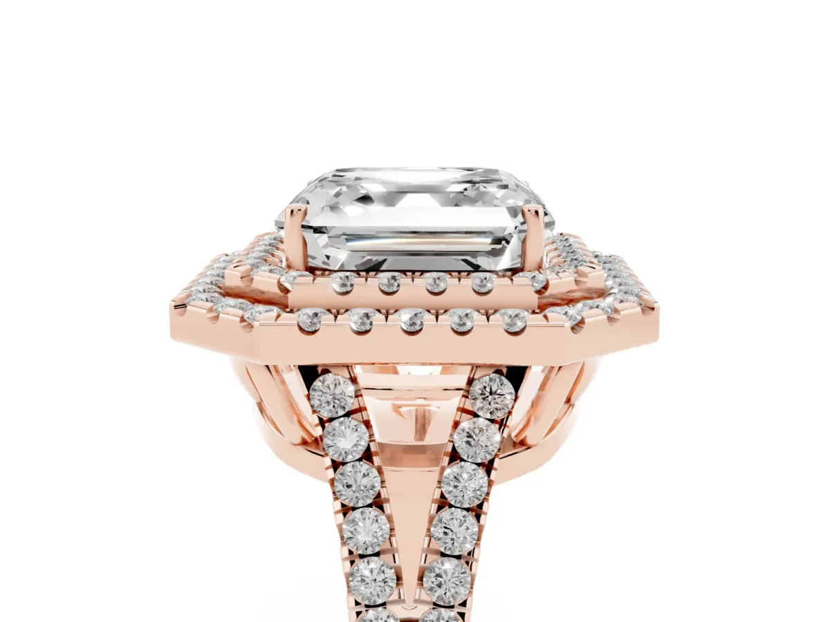 Asscher Cut Diamond Double Halo Ring with Pavé Band and Prong Setting Rose gold