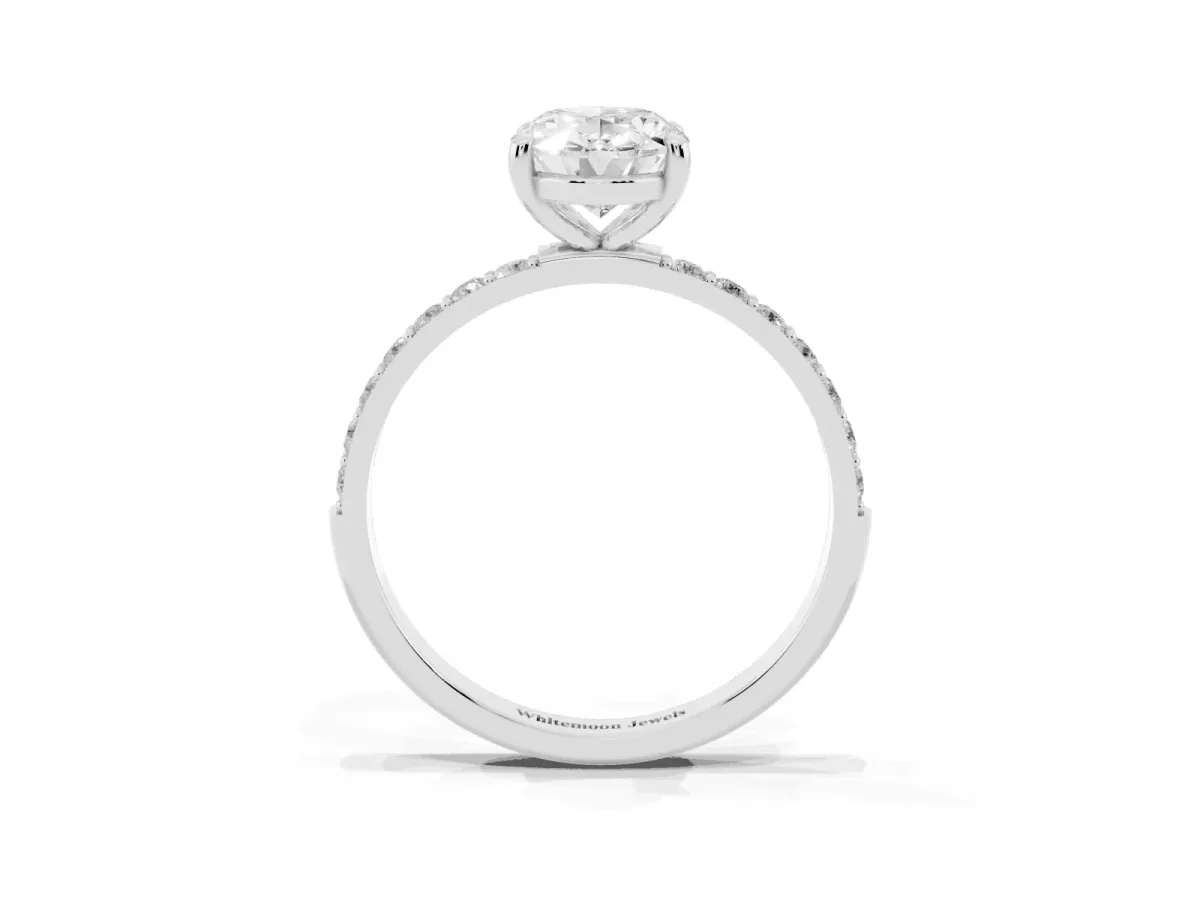 Oval Cut Diamond Solitaire Ring with Round Pavé Band and Prong Setting Silver