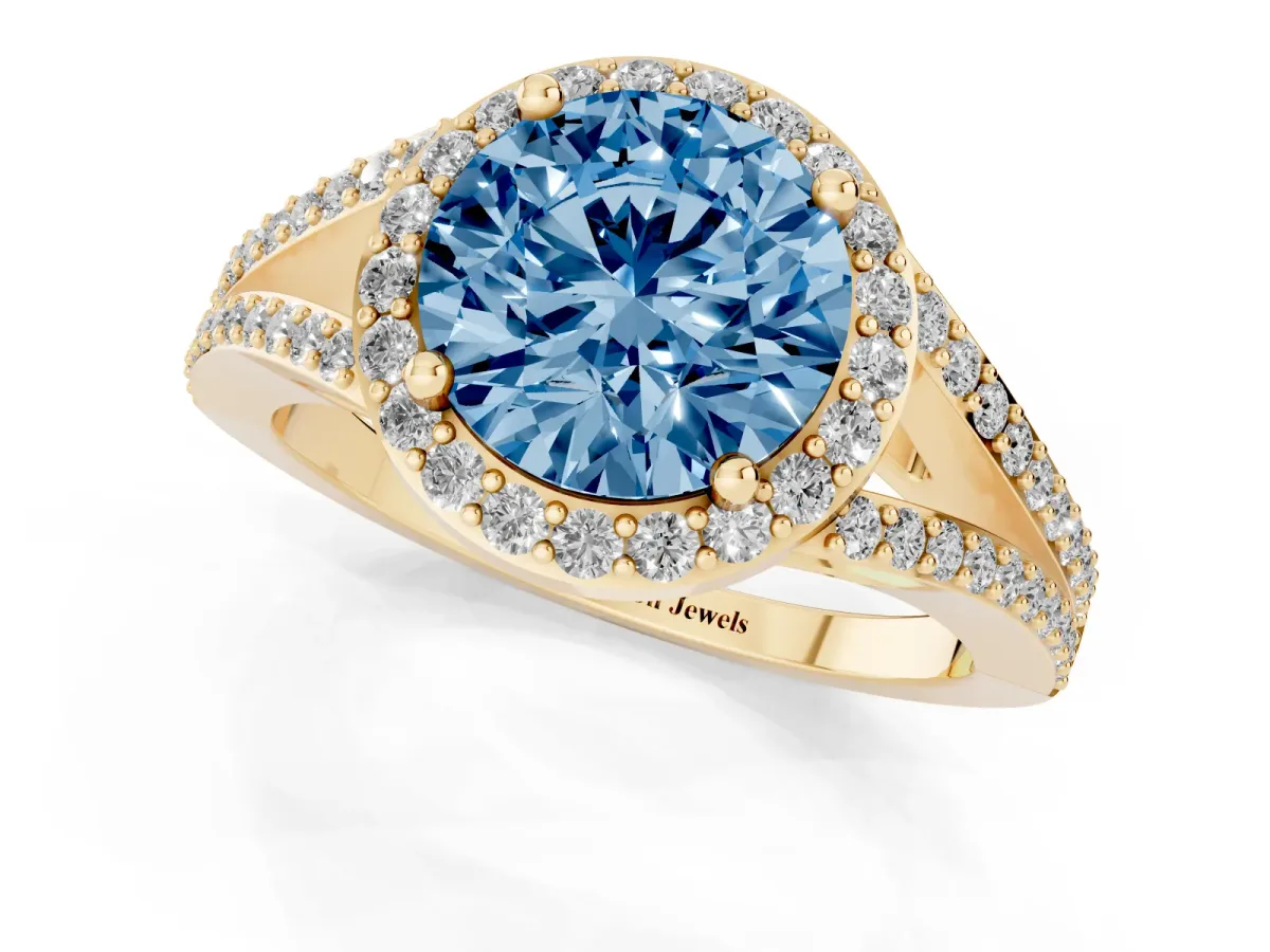 Fancy Blue Round Cut Halo Split Shank Diamond Ring with Prong Setting Yellow gold