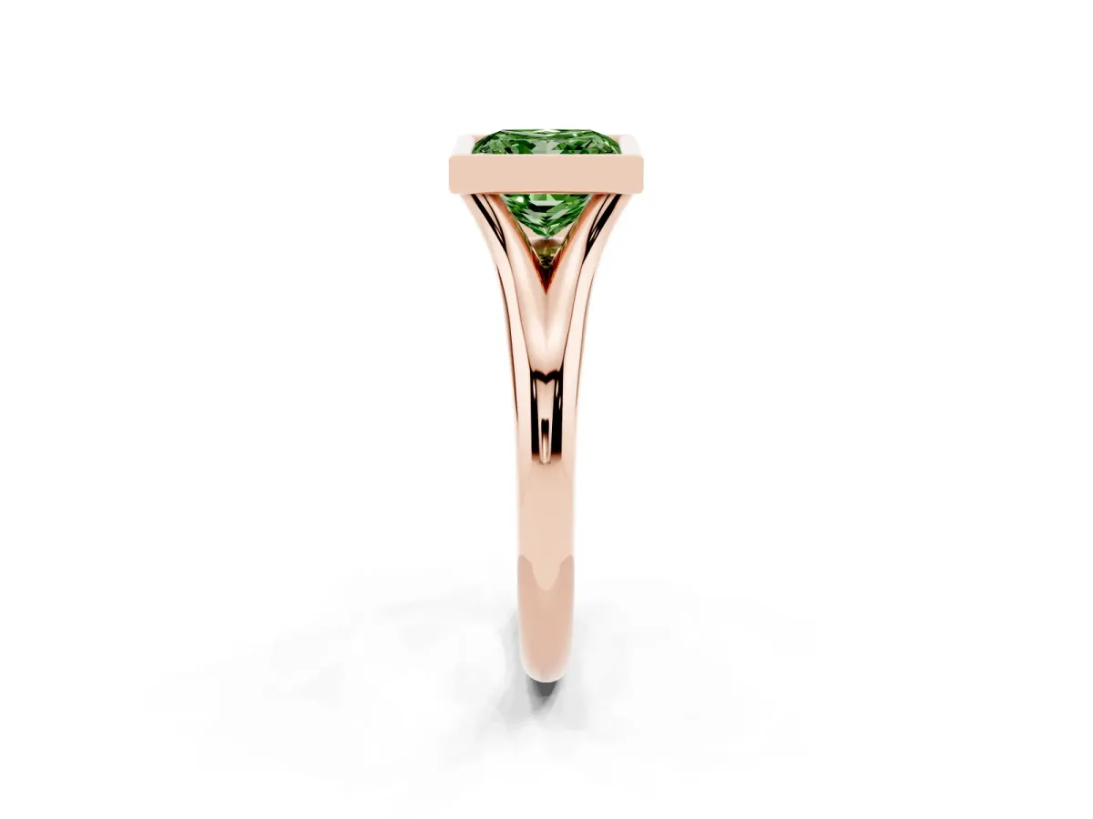 Fancy Green Bezel Set Princess Cut Solitaire Diamond Ring with Smooth Band Rose gold