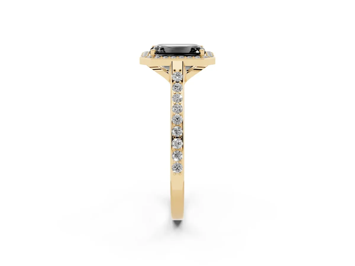 Fancy Black Emerald Cut Diamond Halo Engagement Ring with Round Pavé Shoulders and Prong Setting Yellow gold