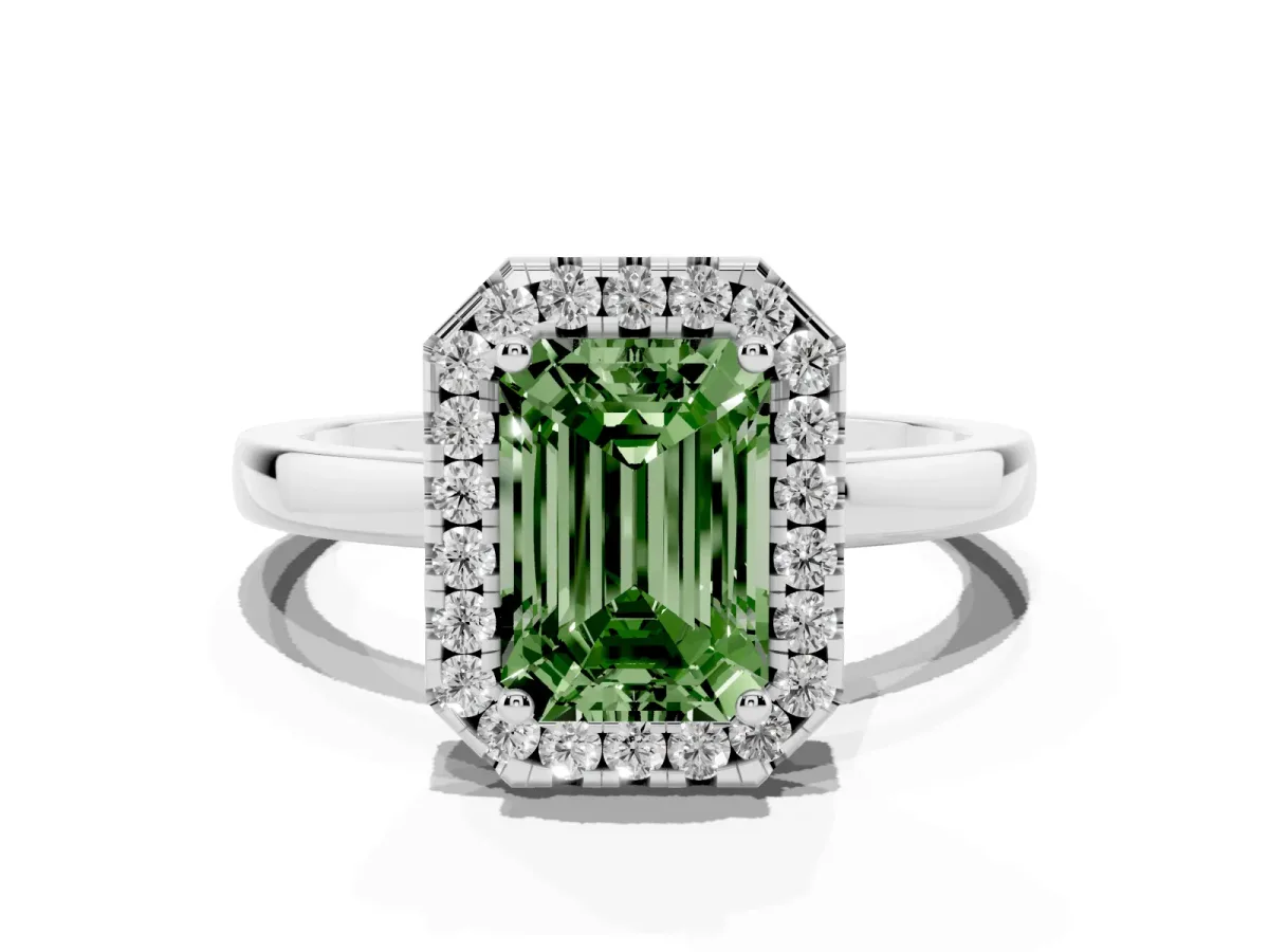 Fancy Green Emerald Cut Halo Diamond Solitaire with Pavé Band and Four-Prong Setting Platinum
