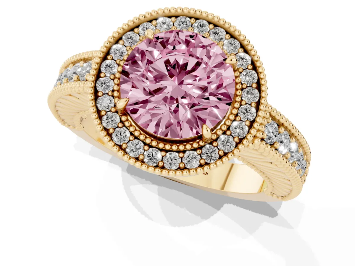 Fancy Pink Round Cut Cut Halo Diamond Ring with Pavé Band and Four-Prong Setting Yellow gold