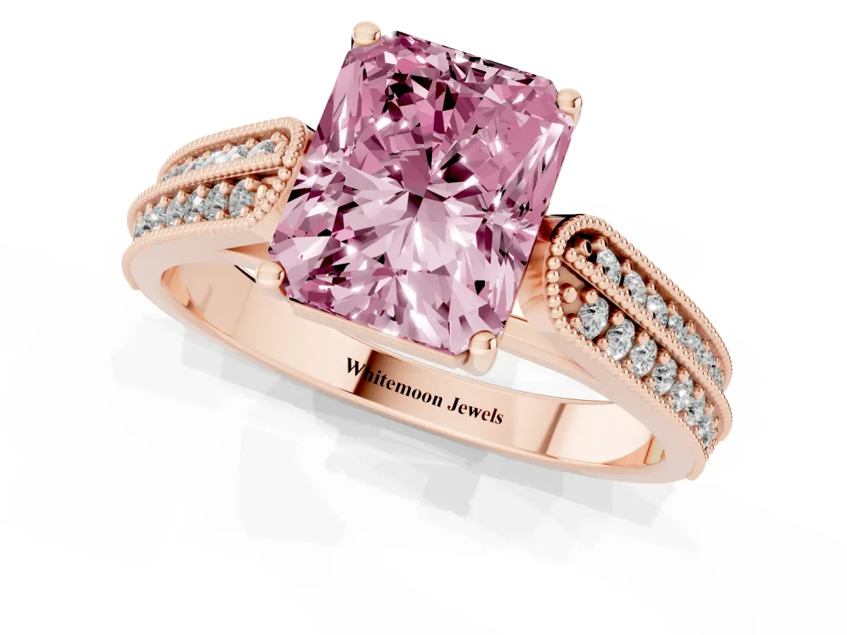 Fancy Pink Radiant Cut Cut Pave Split Shank Engagement Ring with Four-Prong Setting Rose gold