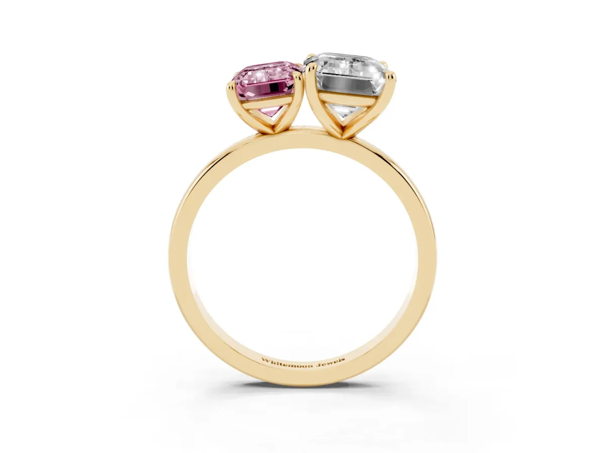 Fancy Pink Emerald Cut and Emerald Cut Toi Moi Ring with Prong Setting Yellow gold