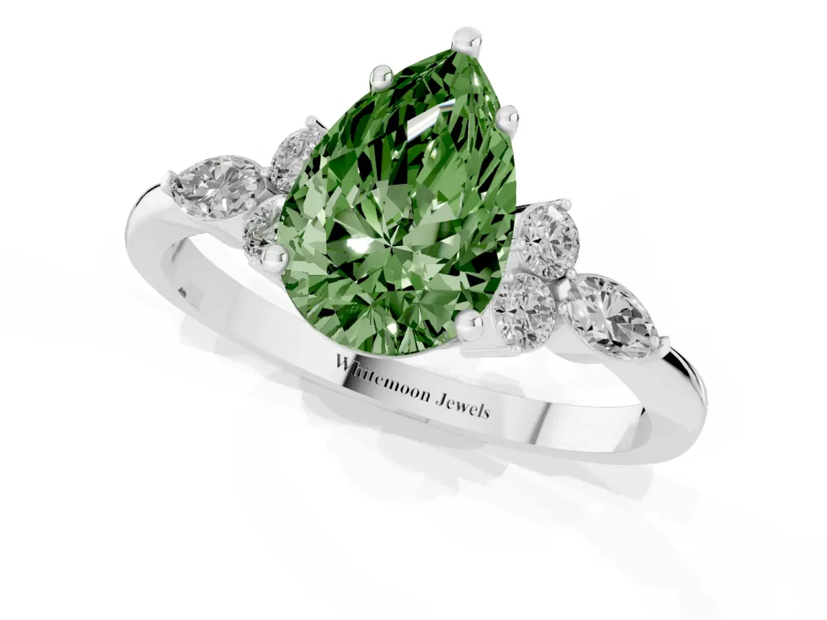 Fancy Green Pear Cut Brilliant Diamond Solitaire Ring with Pear Side Stones and Four-Prong Setting White gold