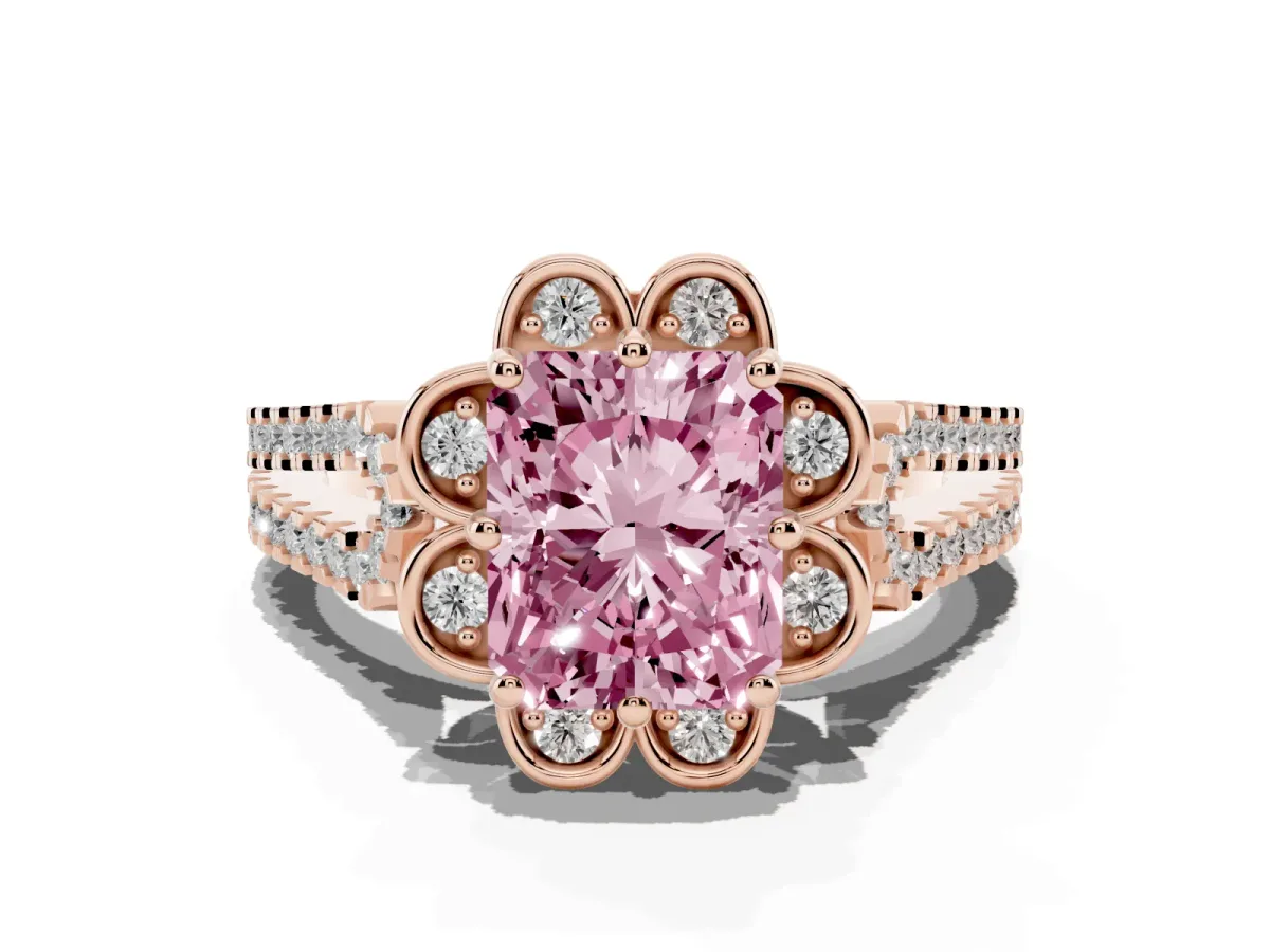 Fancy Pink Radiant Cut Halo Diamond Floral Split Shank Engagement Ring Rose gold