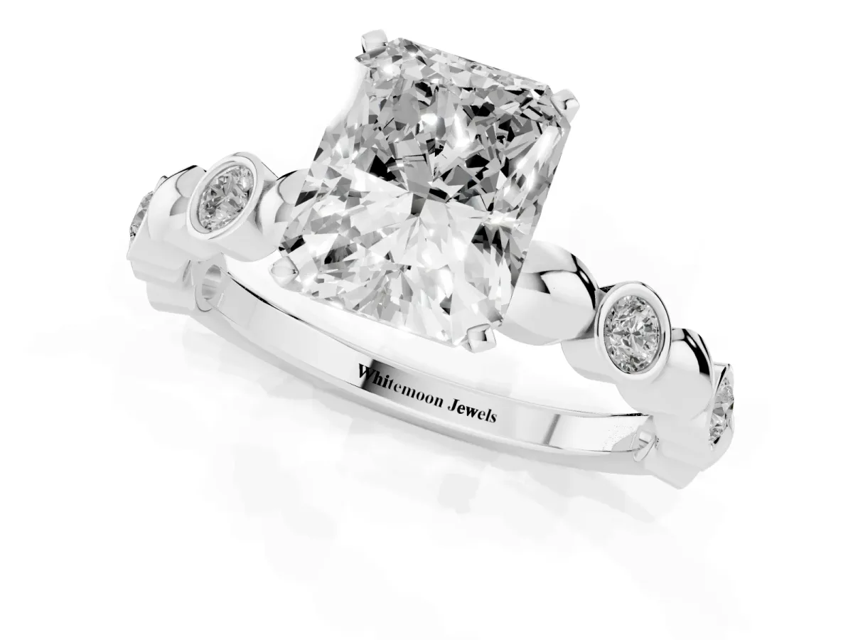 Radiant Cut Solitaire Bezel-Set Diamond Ring with Beaded Band and Four-Prong Setting Silver