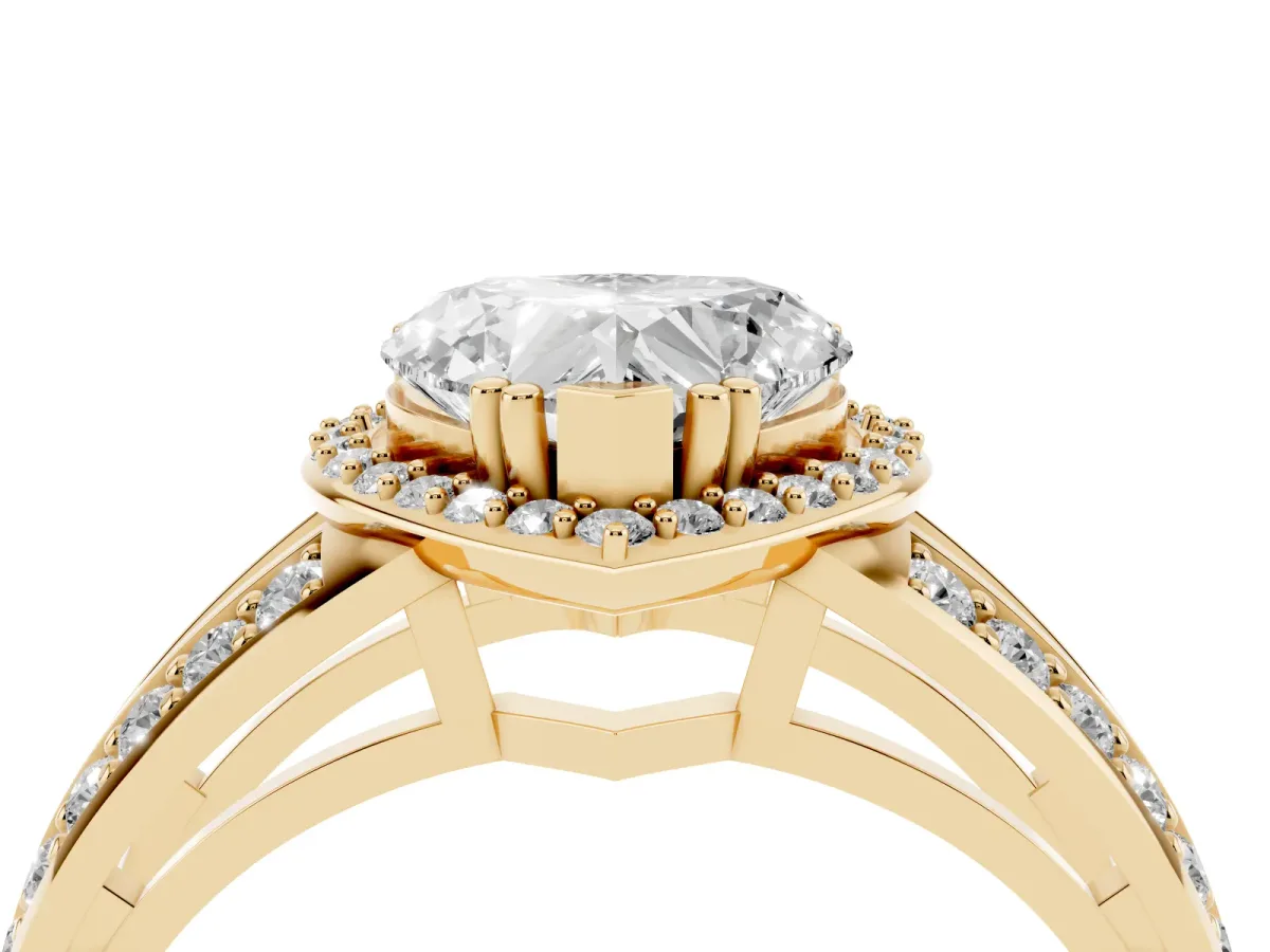 Heart Cut Diamond Halo Ring with Split Shank Pavé Band and Four-Prong Setting Yellow gold