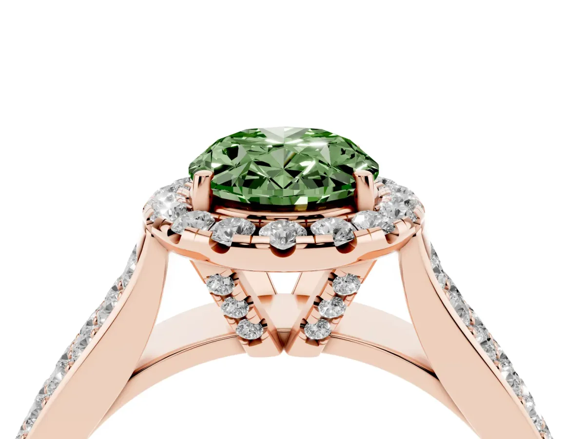 Fancy Green Oval Cut Halo Round Diamond Pave Band with Prong Setting Rose gold