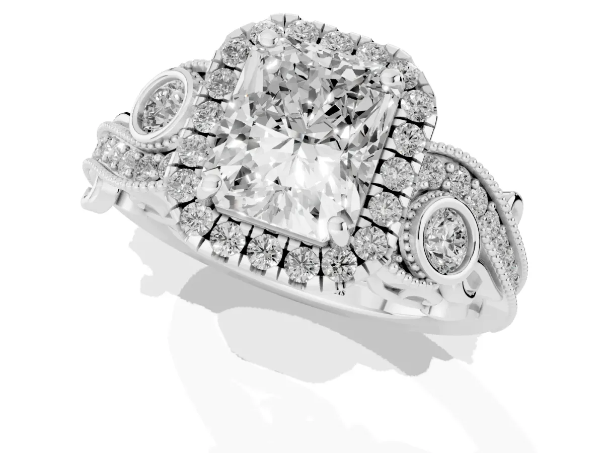 Radiant Cut Halo Diamond Ring with Milgrain and Bezel Accents on a Split Shank Band Platinum
