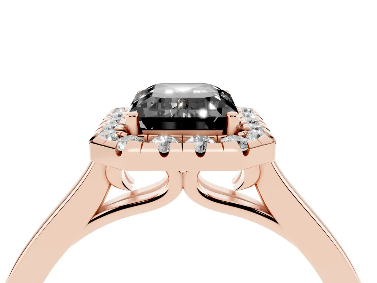 Fancy Black Emerald Cut Halo Round Diamond Solitaire Ring with Pavé Band and Four-Prong Setting Rose gold
