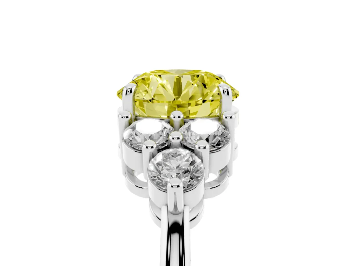 Fancy Yellow Round Cut Brilliant Diamond Cluster Accent Solitaire Ring with Prong Setting White gold