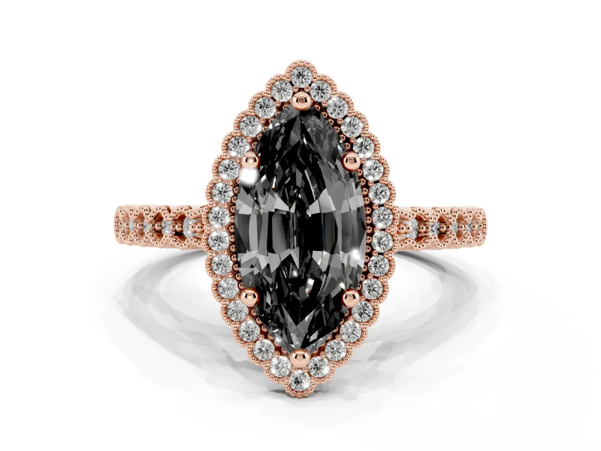 Fancy Black Marquise Cut Cut Halo Pavé Solitaire Ring with Milgrain Band Rose gold