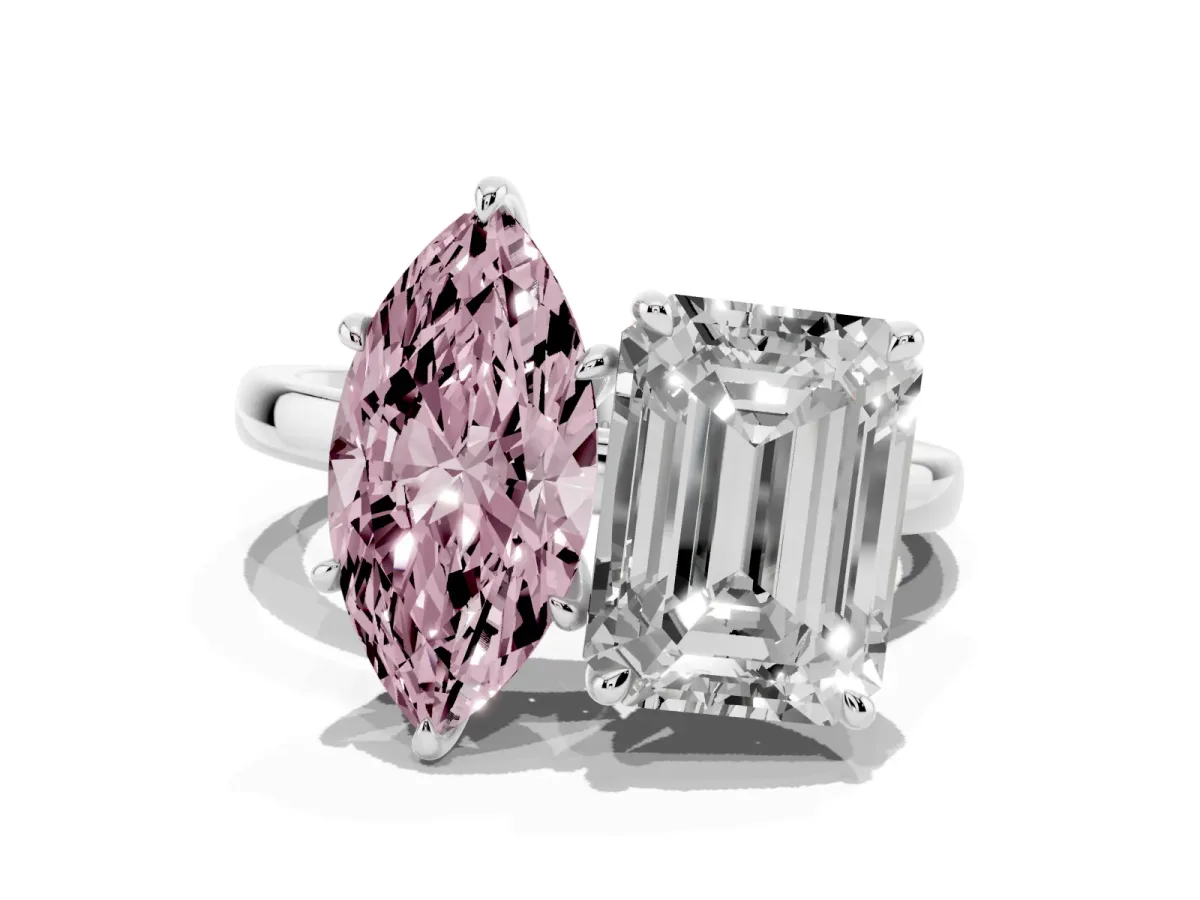 Fancy Pink Marquise Cut and Emerald Cut Toi Moi Ring with Prong Setting Silver