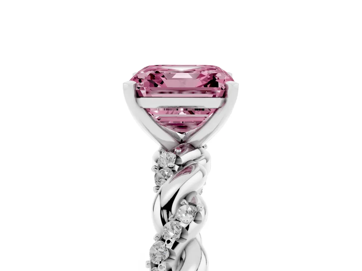 Fancy Pink Asscher Cut Diamond Solitaire Ring with Twisted Band and Pavé Accents Silver