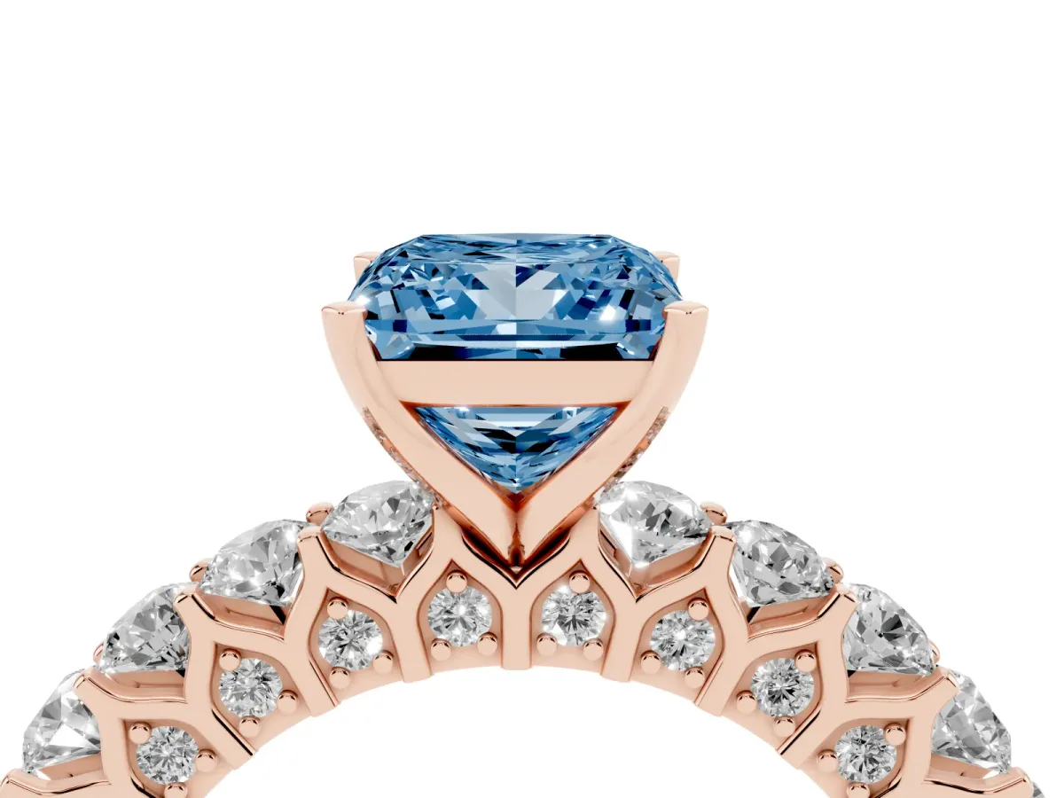 Fancy Blue Princess Cut Diamond Solitaire Ring with Shared Prong Pavé Band and Four-Prong Setting Rose gold