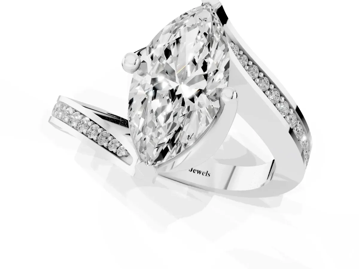 Marquise Cut Solitaire Diamond Twist Band with Pavé Setting and Four-Prong Setting White gold