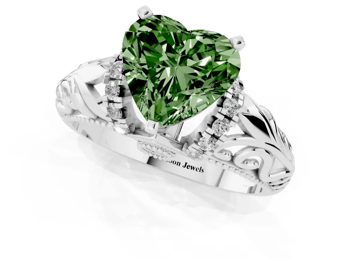 Fancy Green Heart Cut Solitaire Filigree Engagement Ring with Halo and Prong Setting Platinum