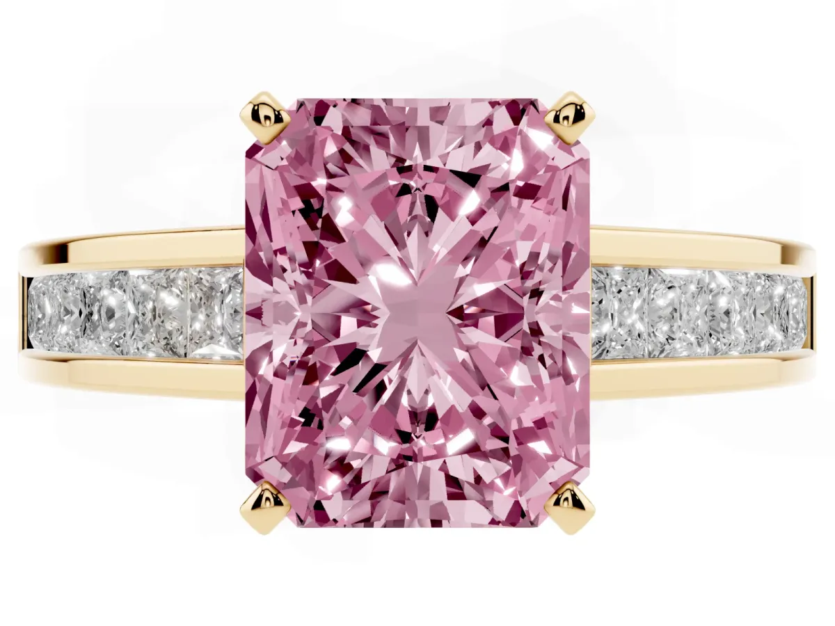 Fancy Pink Radiant Cut Solitaire Diamond Ring with Channel-Set Band and Four-Prong Setting Yellow gold