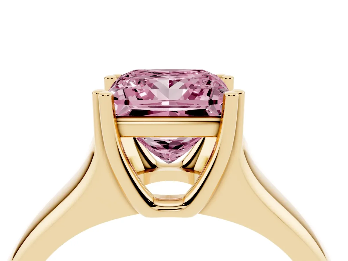 Fancy Pink Princess Cut Diamond Solitaire Ring with Wide Band and Prong Setting Yellow gold