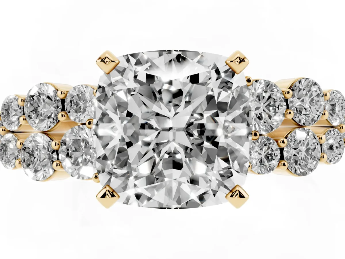 Cushion Cut Cluster Diamond Engagement Ring with Pavé Band and Four-Prong Setting Yellow gold