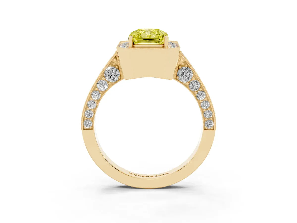 Fancy Yellow Radiant Cut Halo Diamond Engagement Ring with Split Shank Band and Four-Prong Setting Yellow gold