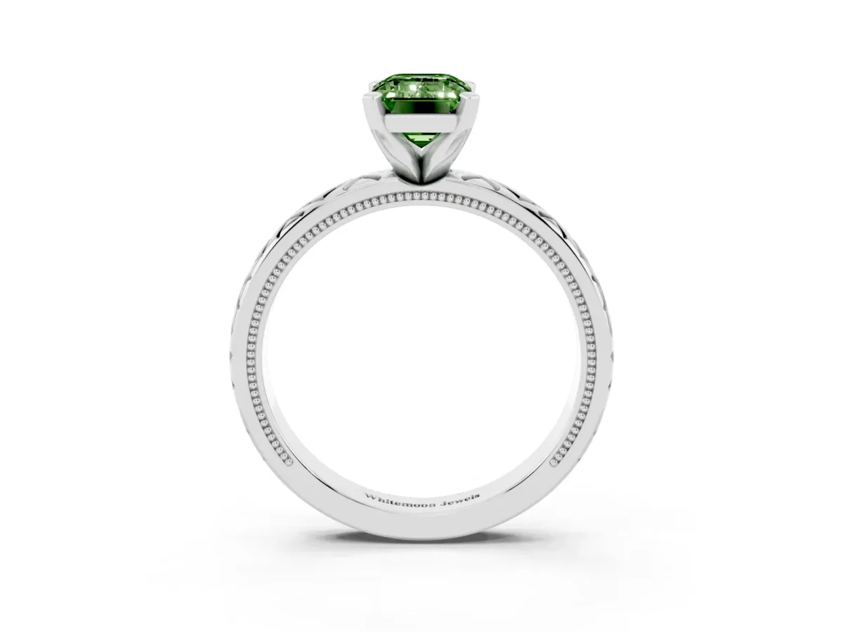 Fancy Green Emerald Cut Solitaire Diamond Ring with Milgrain and Black Enamel X Pattern Band Silver